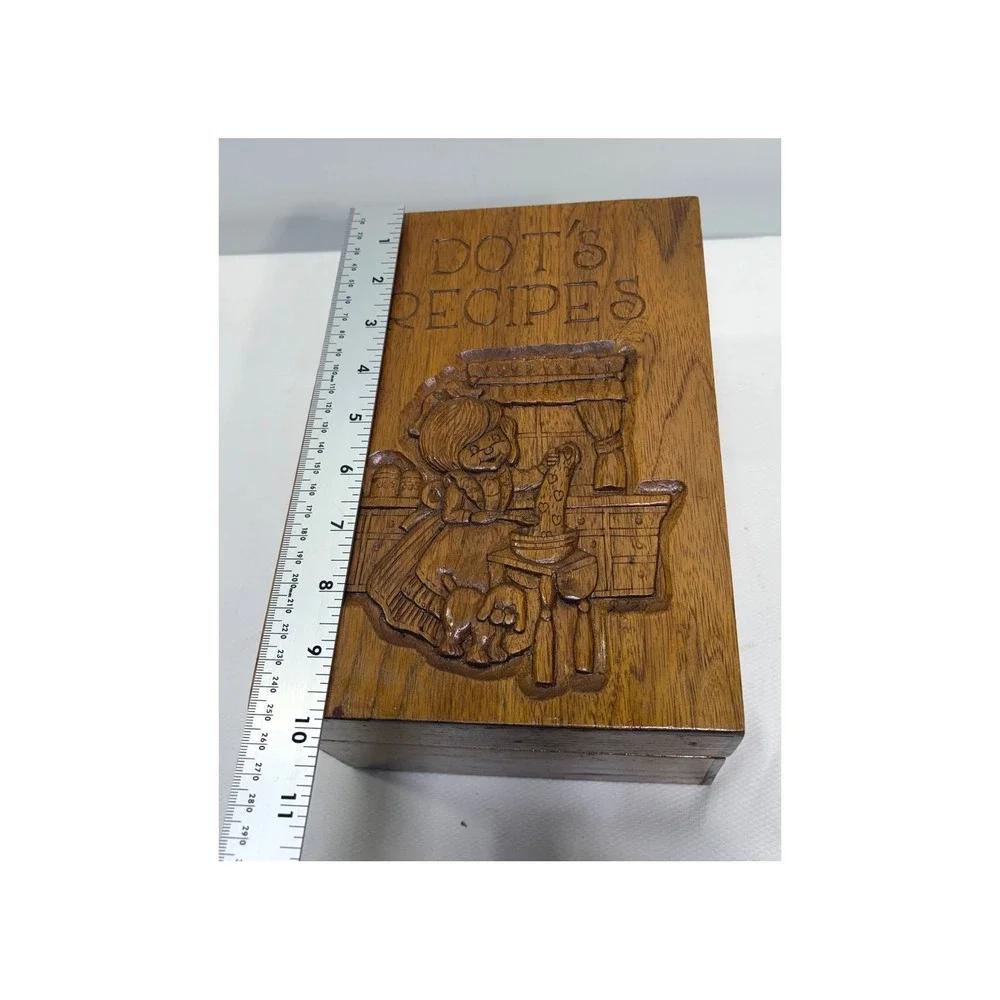 Vintage Hand Carved Wooden Recipe Box Dots Recipes Rustic Kitchen Decor Brown